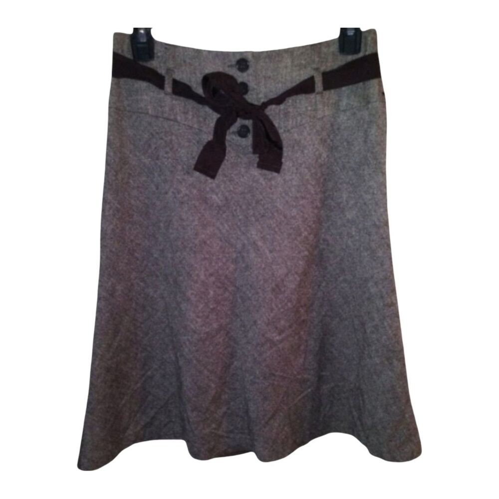 Vintage H&M Brown Wool Blend Tweed A-Line Midi Skirt Ribbon Belt Y2K